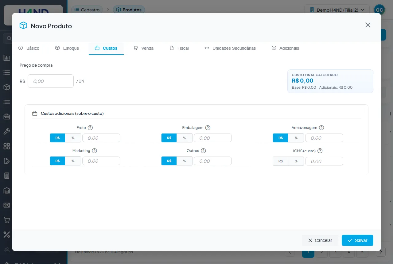 Aba Custos: preço de compra, custo final calculado e os custos adicionais