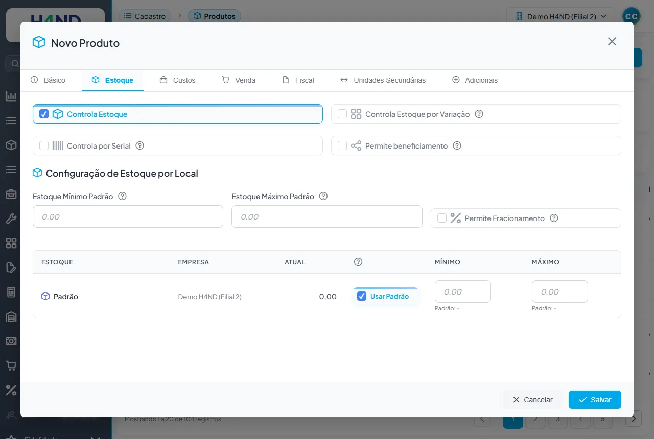 Aba Estoque: os quatro modos de controle e a configuração por local