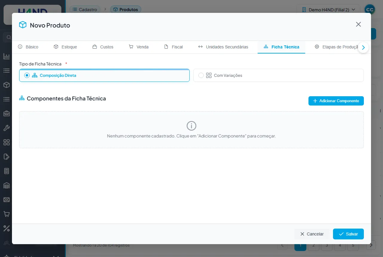 Aba Ficha Técnica: Composição Direta × Com Variações e a lista de componentes