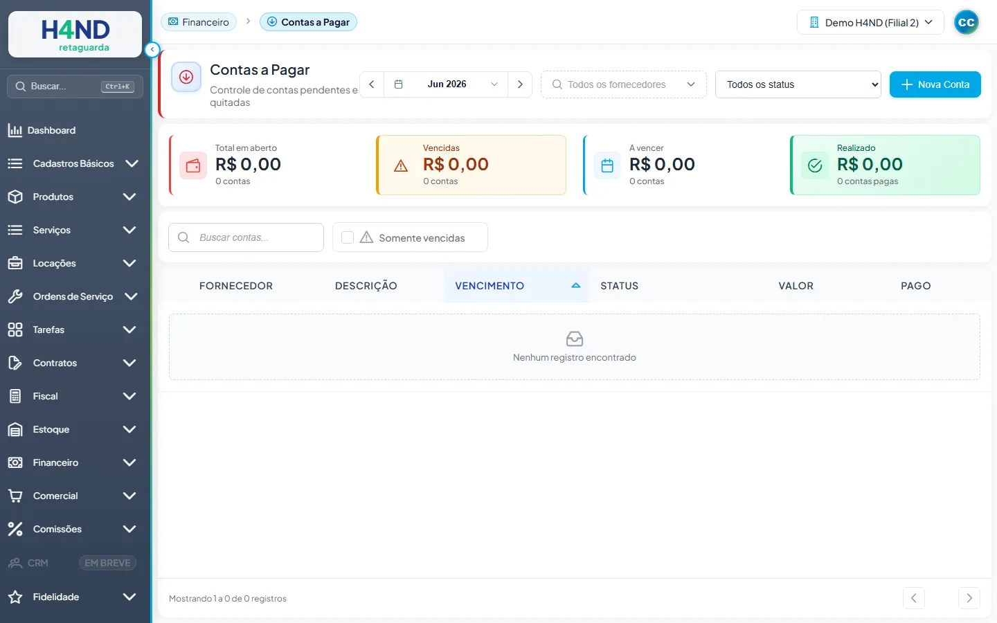 Contas a Pagar: cards de resumo e lista de contas