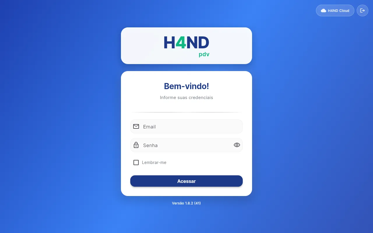 Tela de login do PDV — "Bem-vindo!", com campos de e-mail e senha